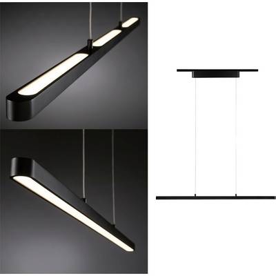 Dlouhá, moderní závěsná lampa v černé barvě s obdélníkovým, úzkým světelným tělesem. Vhodná pro jídelní nebo konferenční stoly.