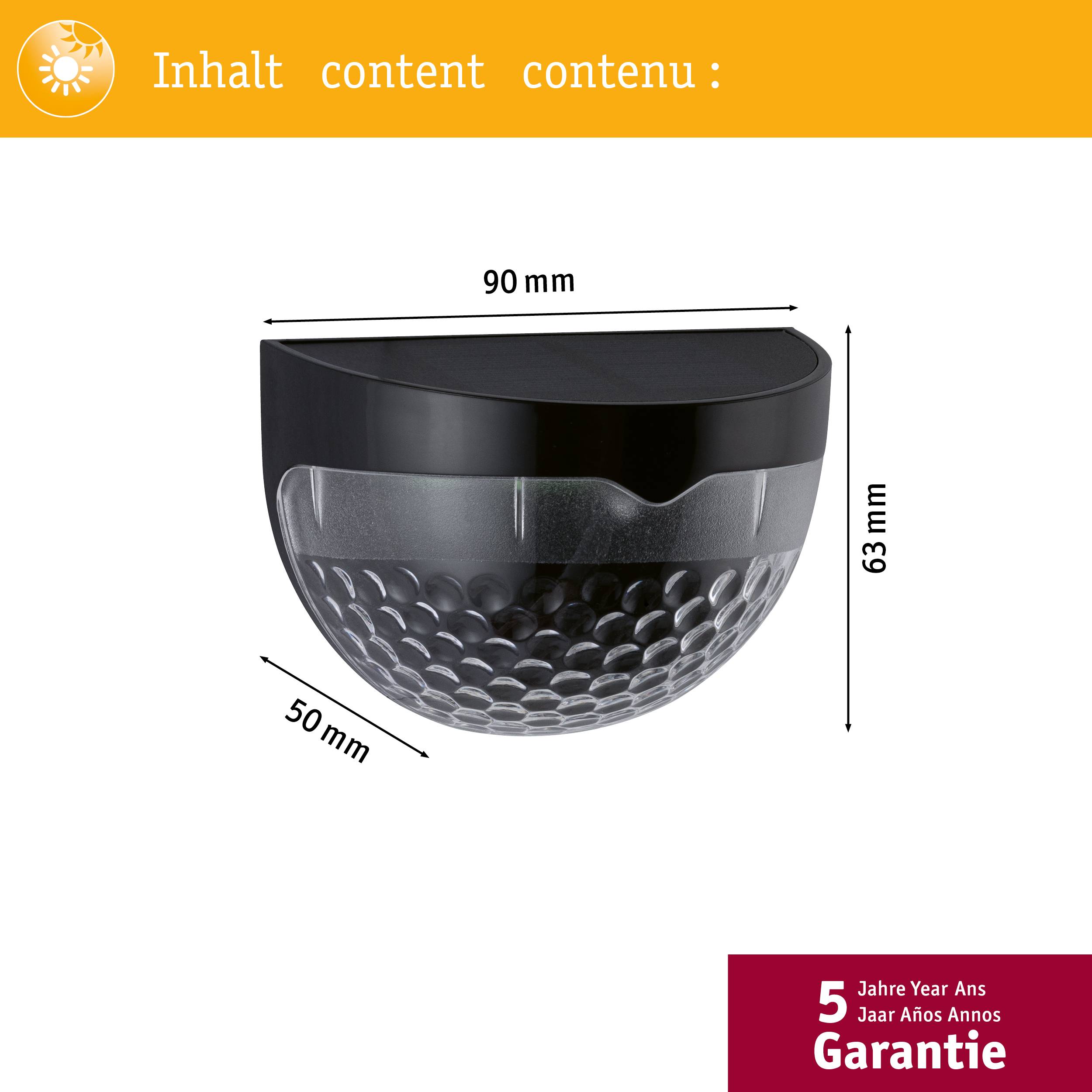 Polokulová lampa s černým horním dílem a průhledným sklem, rozměry: 90 mm šířka, 63 mm výška, 50 mm hloubka. 5 let záruky.