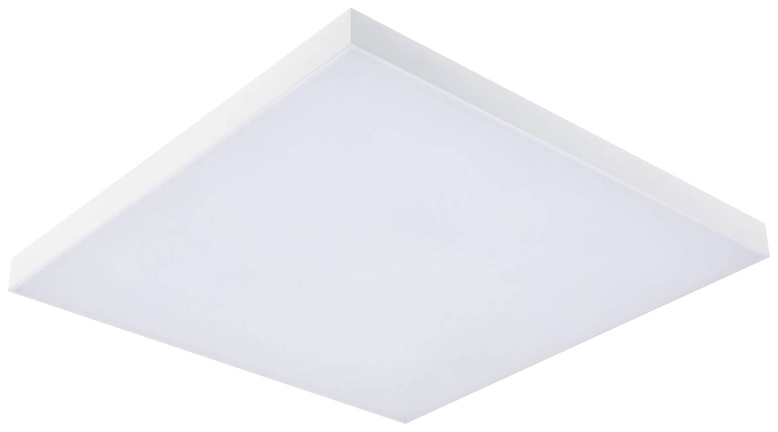 Bílý čtvercový plochý LED panel vhodný pro montáž na strop v interiéru.