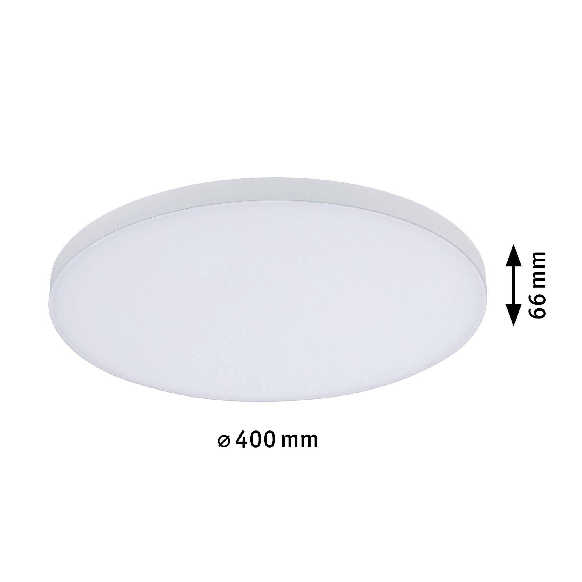 Kulaté stropní svítidlo, průměr 400 mm, výška 66 mm, moderní design, bílý povrch.