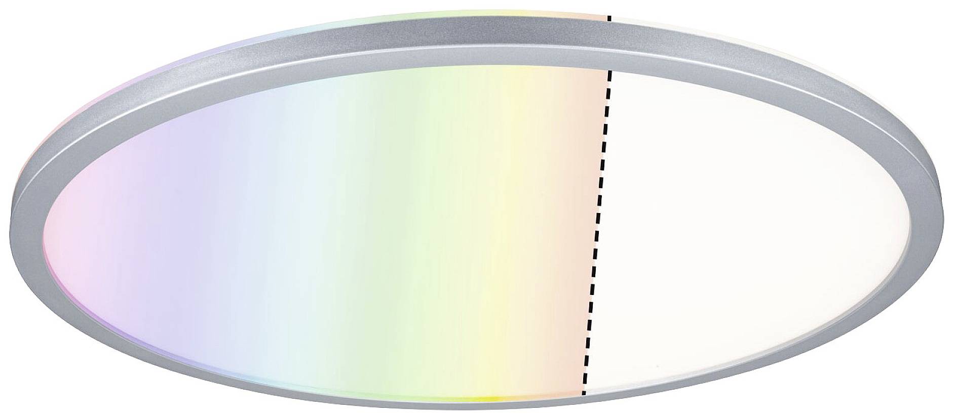 Kulatá stropní LED lampa se změnou barev. Vlevo zobrazuje duhové barvy, vpravo jednotné teplé bílé světlo.