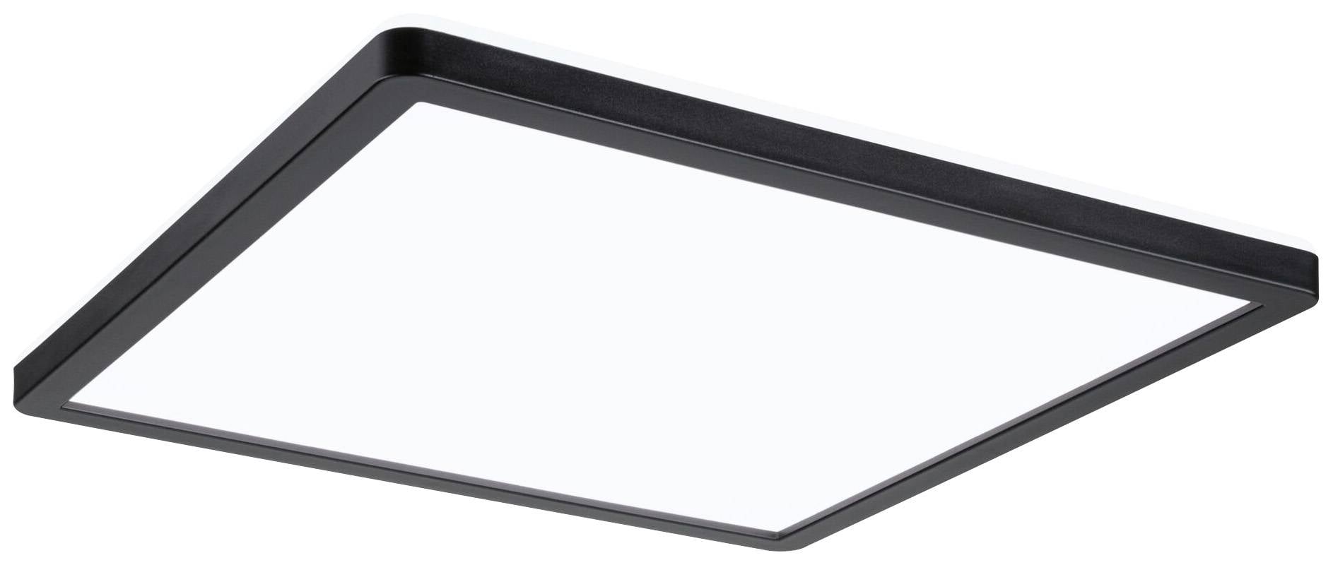 Čtvercové stropní LED svítidlo s černým rámečkem. Vyzařuje rovnoměrné bílé světlo a hodí se do moderních prostorů.