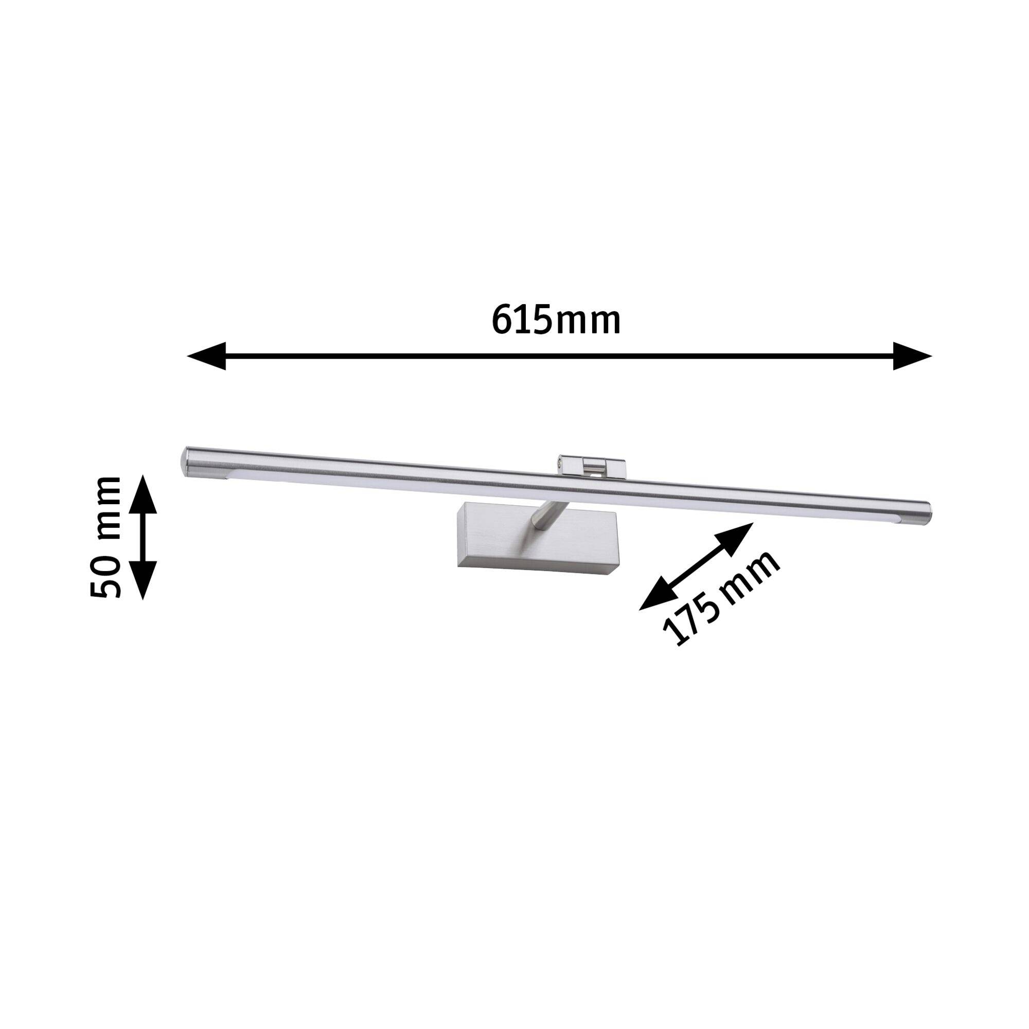 Stříbrná nástěnná lampa o šířce 615 mm, výšce 50 mm a hloubce 175 mm. Vhodná pro rovnoměrné osvětlení, s moderním designem.