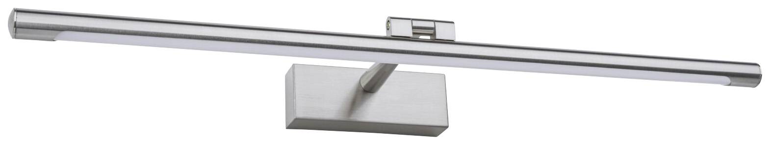 Stříbrná, moderní LED nástěnná lampa s obdélníkovým držákem a dlouhým, úzkým světelným pruhem, vhodná pro osvětlení uměleckých děl.