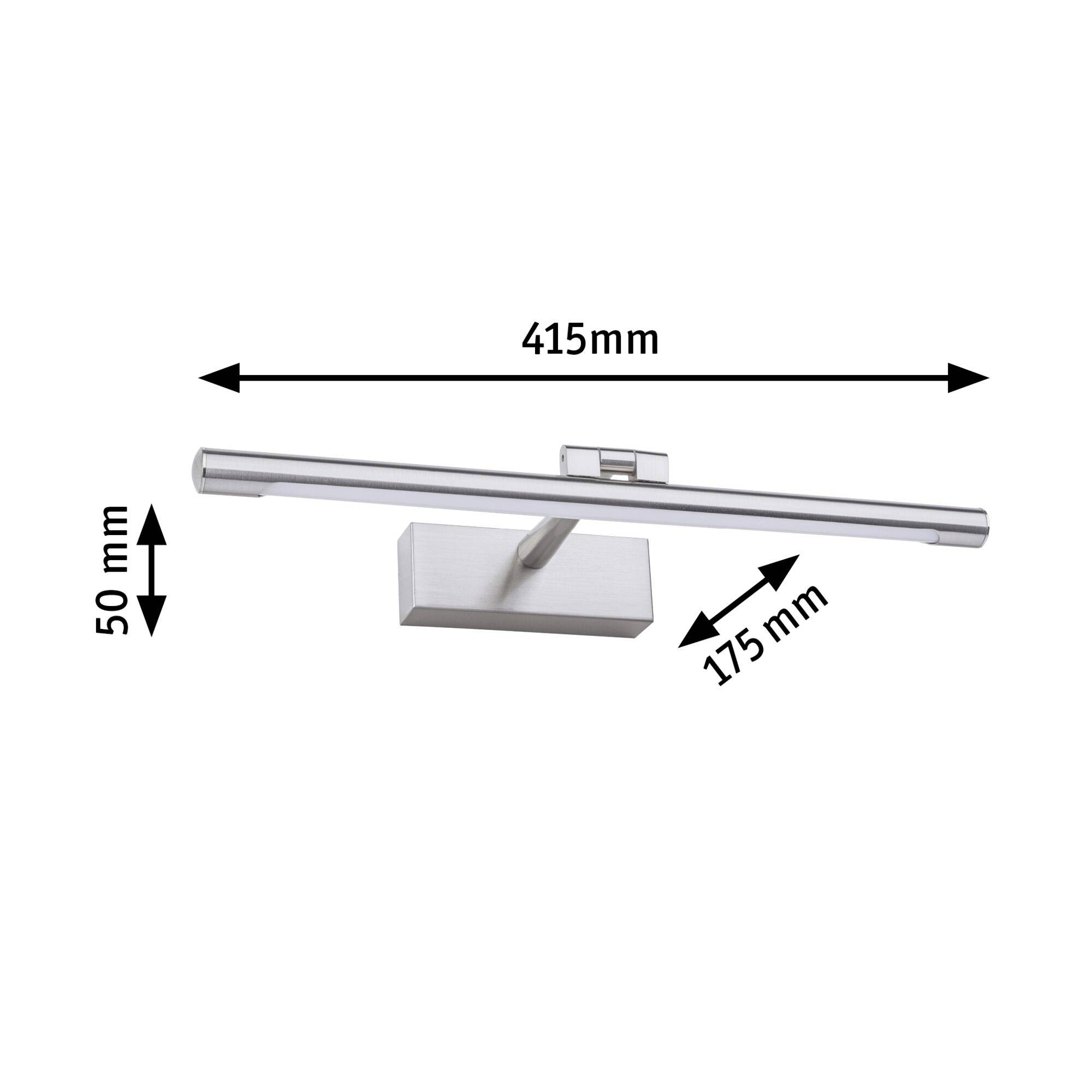 Stříbrná LED nástěnná lampa na obrazy s obdélníkovou základnou. Celková délka 415 mm, výška 50 mm, vzdálenost od stěny 175 mm.