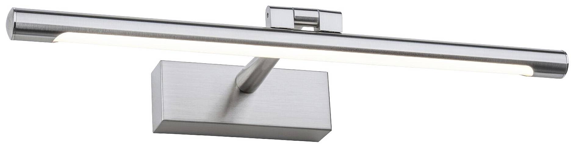 Kovová LED nástěnná lampa s obdélníkovou základnou a dlouhým, trubkovitým tělem svítidla. Ideální pro osvětlení obrazů.
