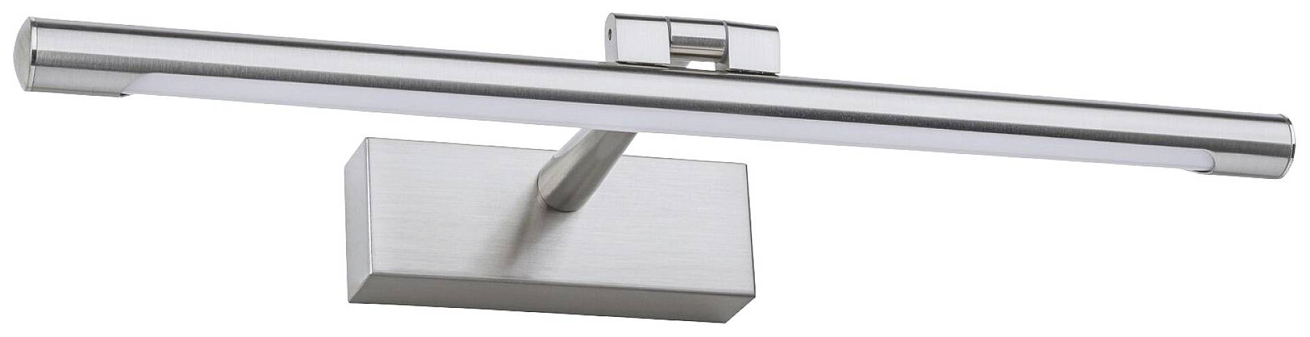 Moderní LED nástěnná lampa z kartáčovaného kovu s obdélníkovým podstavcem. Ideální pro osvětlení obrazů nebo zrcadel.