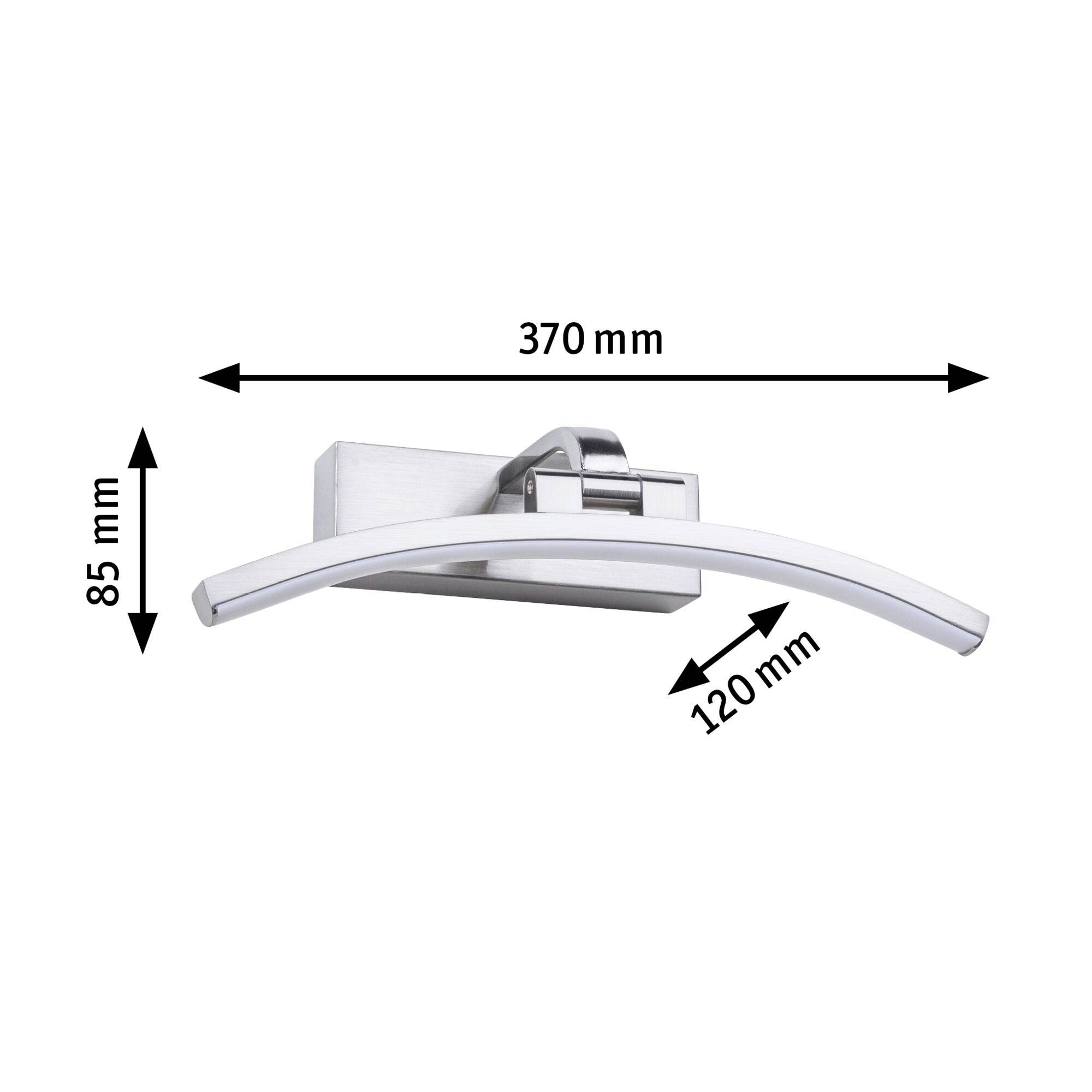 Nástěnná lampa s ohnutým designem, rozměry: 370 mm x 85 mm x 120 mm. Stříbrný povrch, moderní a stylový prvek pro interiérové osvětlení.