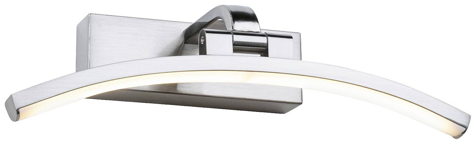 Moderní LED nástěnná lampa s ohnutým designem v kovovém provedení, namontovaná na obdélníkové konzoli.