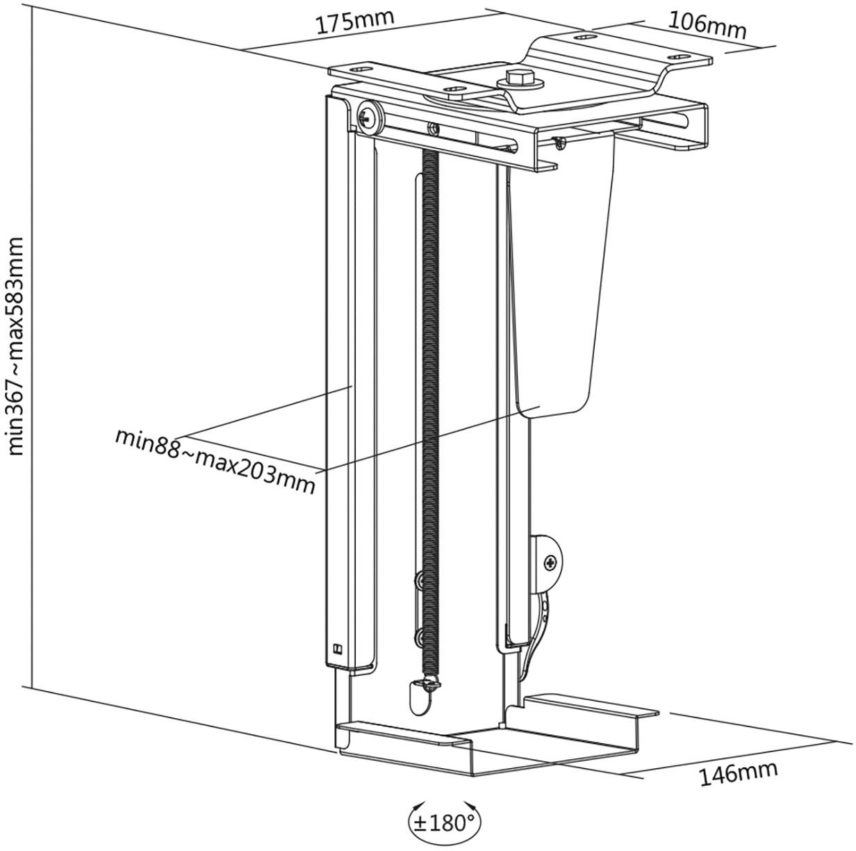 Technický výkres součásti s rozměry: výška 367 mm až 583 mm, šířka 175 mm, hloubka 106 mm a rozsah otáčení ±180°.