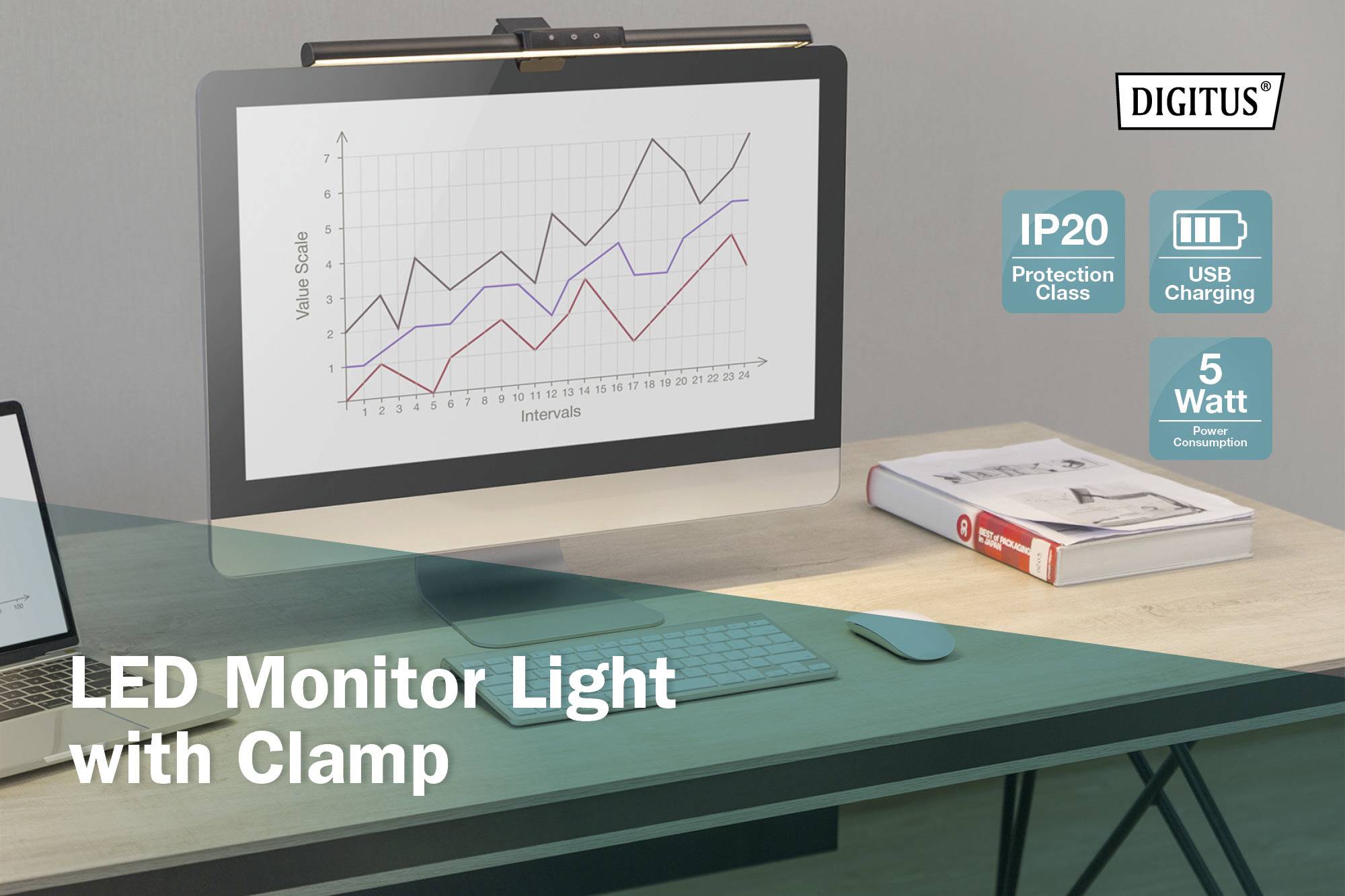 LED lampa s klipem vedle počítačového monitoru; na obrazovce linkový diagram s rostoucími trendy; IP20, nabíjení přes USB, 5 wattů.