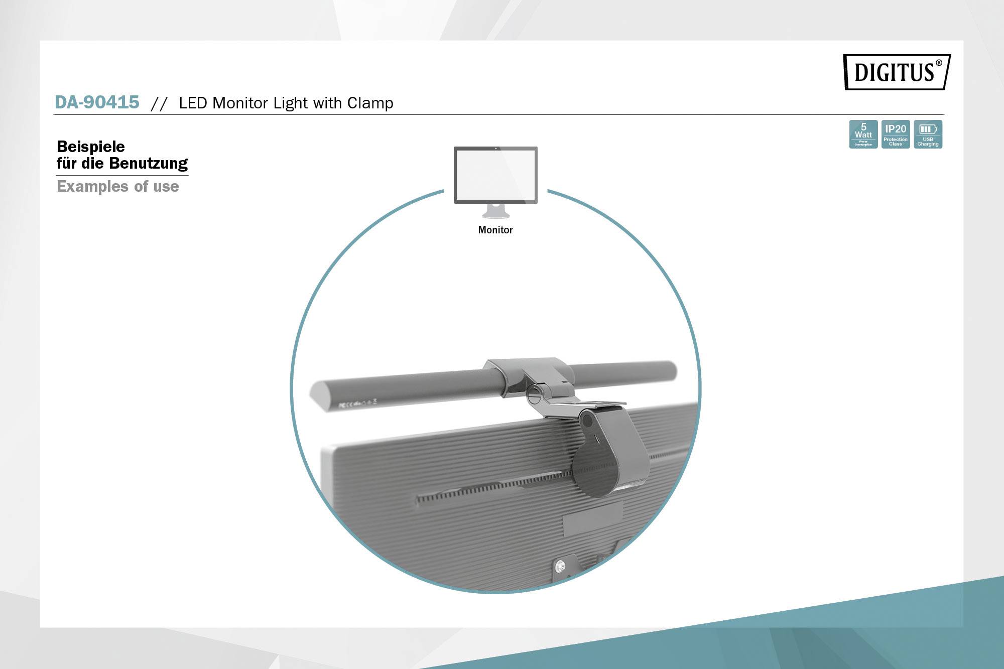 LED lampička s klipem namontovaná na monitoru. Produktový design od Diguitu.