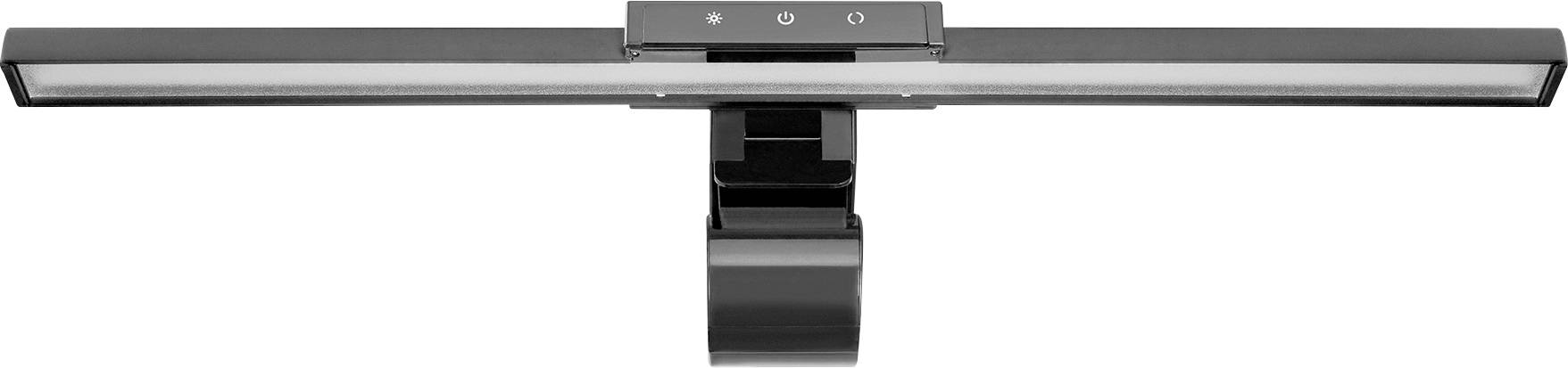 Černá LED lampa na monitor s širokým, obdélníkovým designem a centrální upevňovací svorkou. Ideální pro osvětlení monitorů.