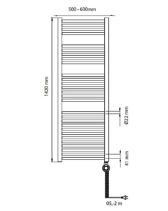 Schéma obdélníkového topného tělesa s rozměry 1420 mm výšky, 500-600 mm šířky, průměr potrubí 22 mm. Boční pohled.