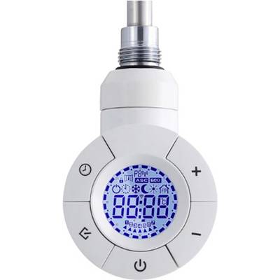 Bílá digitální termostatická hlavice s modrým displejem, zobrazuje '22°C'. Teplotu lze nastavit pomocí bočních tlačítek plus a mínus.
