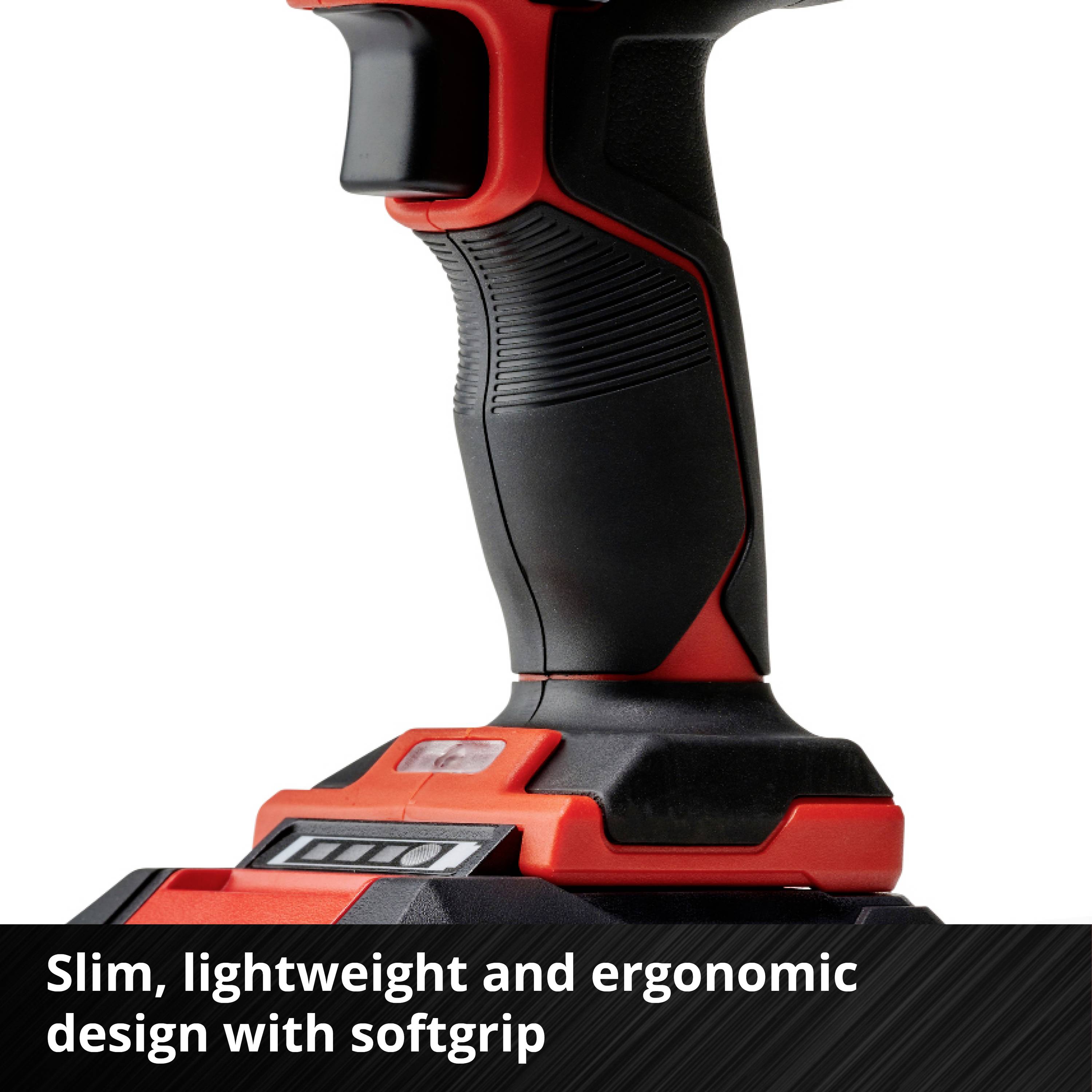 Akumulátorový šroubovák s ergonomickým designem a měkkou rukojetí. Štíhlý a lehký pro snadné použití.