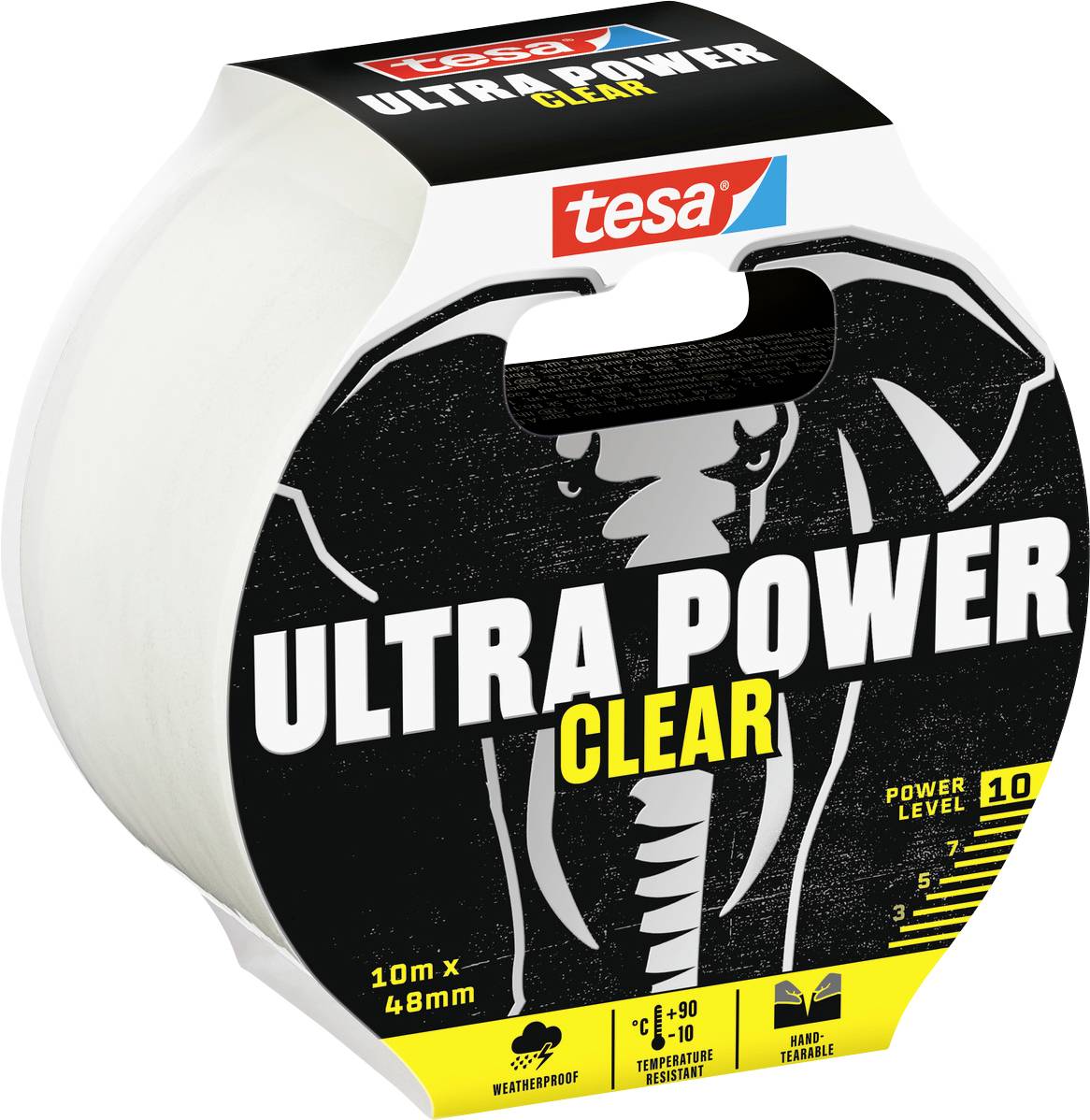Role lepicí pásky 'tesa Ultra Power Clear' v obalu, s grafickým motivem slona. Proslulá svou pevností a odolností vůči povětrnostním vlivům.