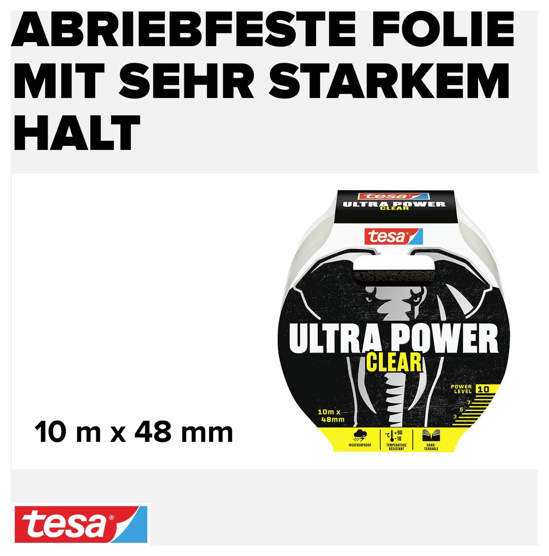 "Extrémně odolná fólie s mimořádně silnou adhezí" stojí nahoře. Pod tím je role "tesa Ultra Power Clear" lepicí pásky, 10 m x 48 mm.