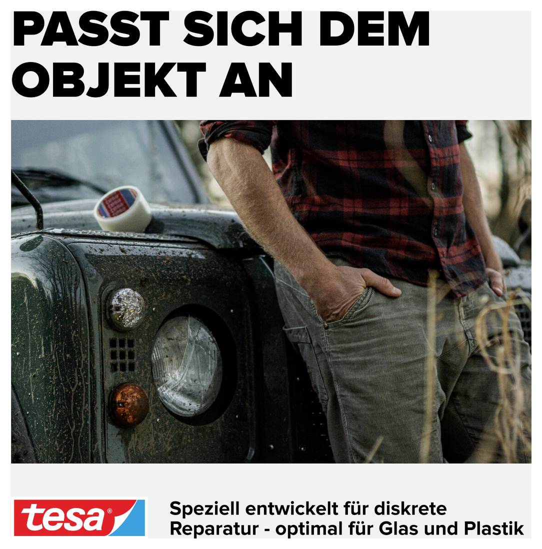 Muž v kostkované košili se opírá o starý, špinavý terénní vůz. Text: 'Přizpůsobuje se objektu'. Dole logo Tesa.