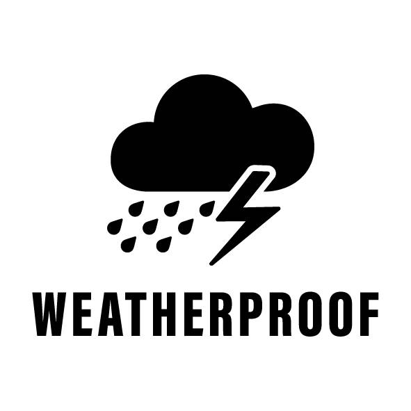 Symbol s mrakem, kapkou deště a bleskem nad slovem "Weatherproof", který indikuje odolnost vůči počasí.