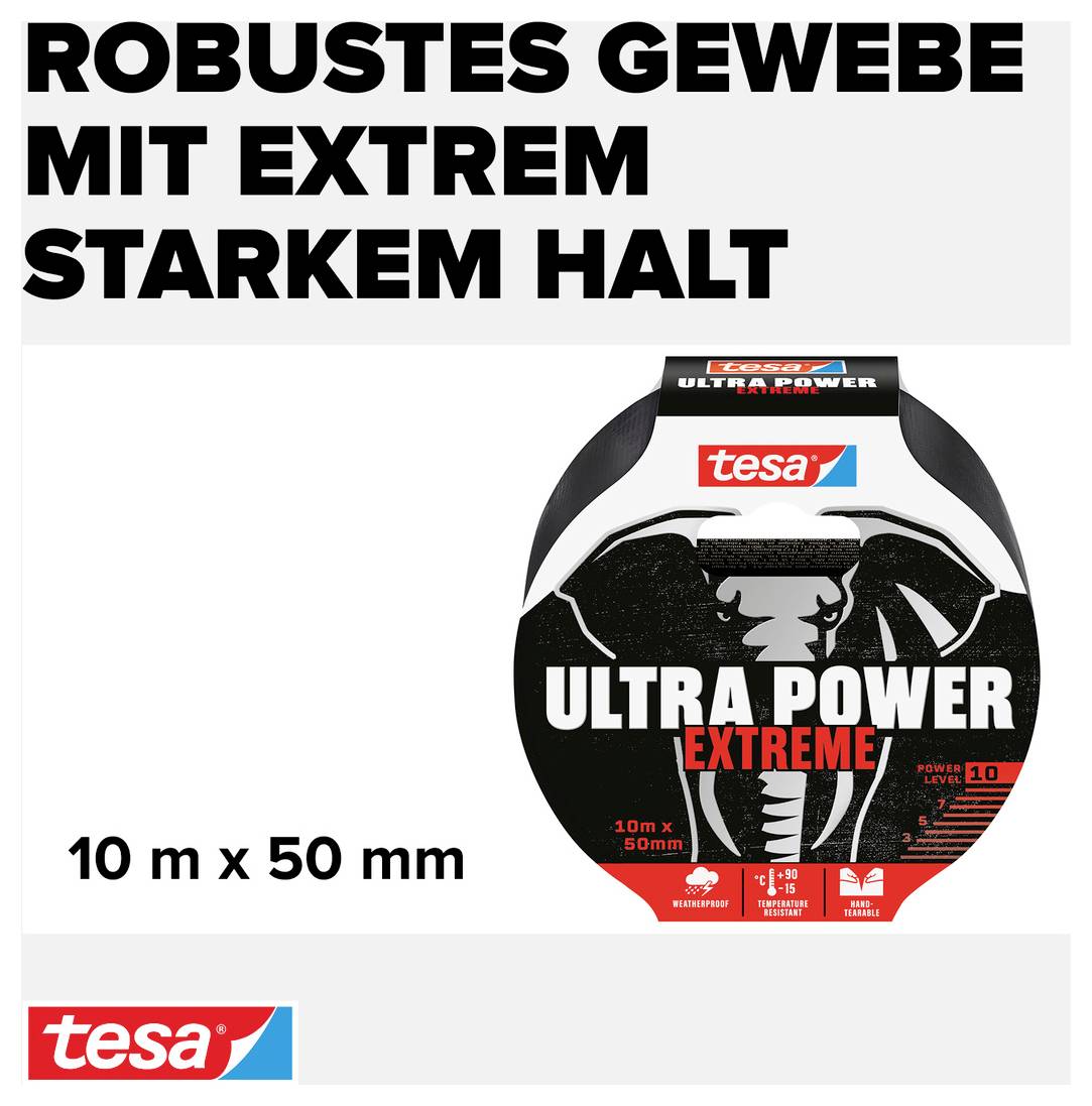 Robustní lepicí páska od Tesy s nápisem 'Ultra Power Extreme'. Formát: 10 m x 50 mm. Velmi pevná textilie.