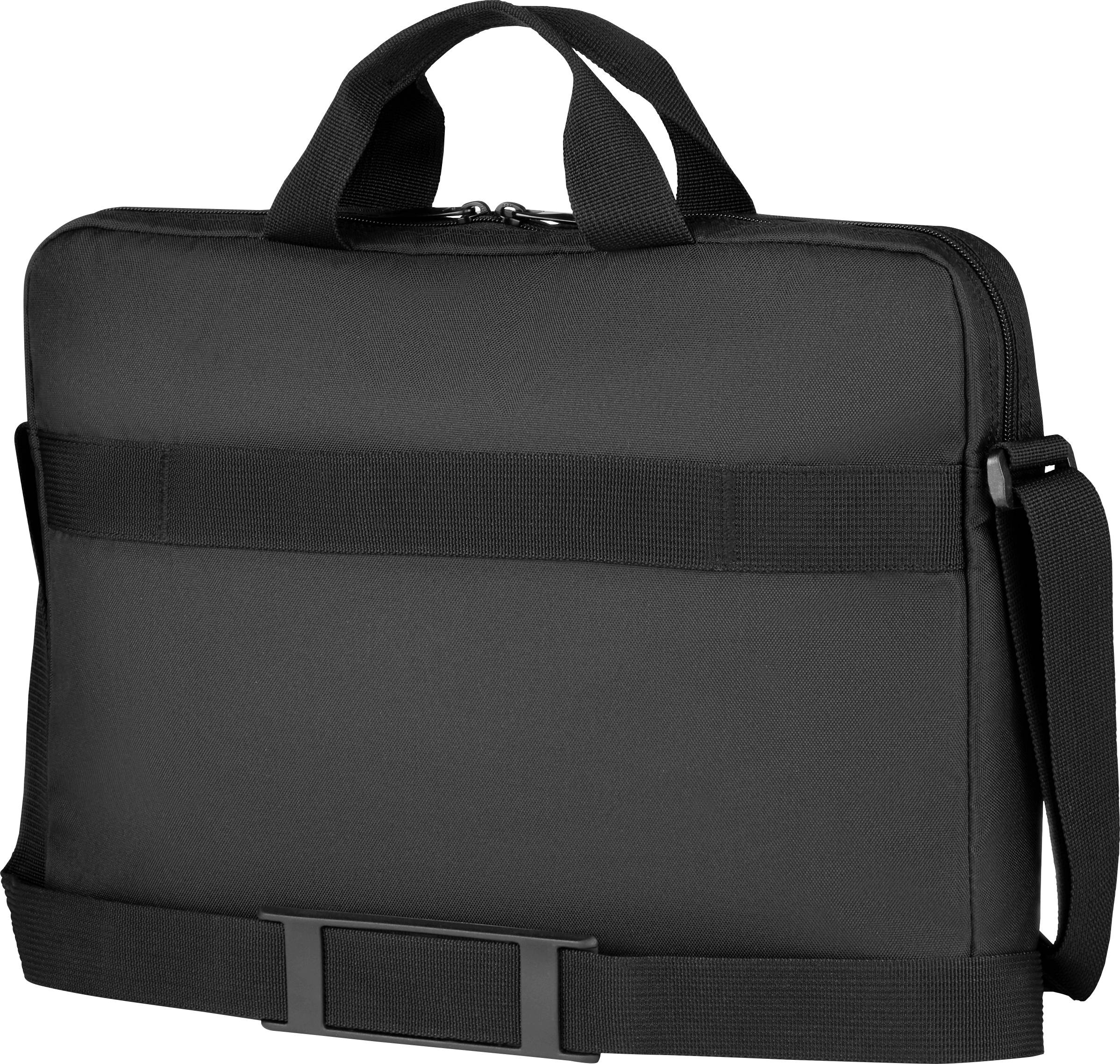 Černá brašna na notebook s rukojetí a nastavitelným ramenním popruhem; kompaktní a funkční pro přepravu zařízení.