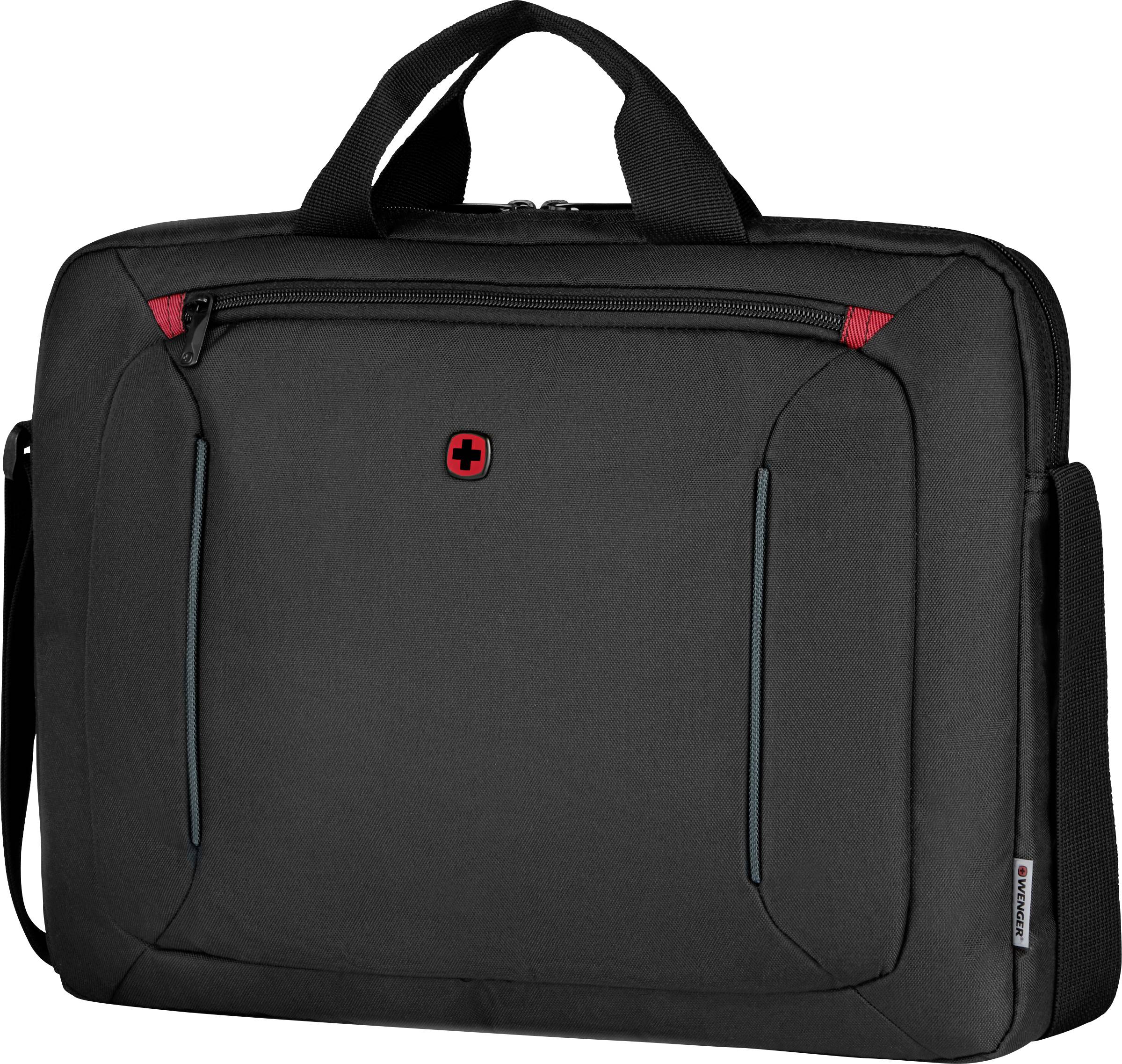 Černá brašna na notebook s rukojetí a zipovou kapsou vpředu; červené logo křížku uprostřed.