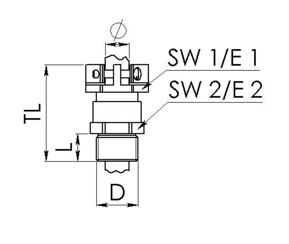 Technický výkres elektrické součástky s popiskami: 'SW 1/E 1', 'SW 2/E 2'. Rozměry: TL, L, D uvedeny.