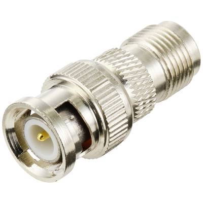 RF adaptér s BNC konektorem na jedné straně a N-Type konektorem na straně druhé, vyrobený z kovu.