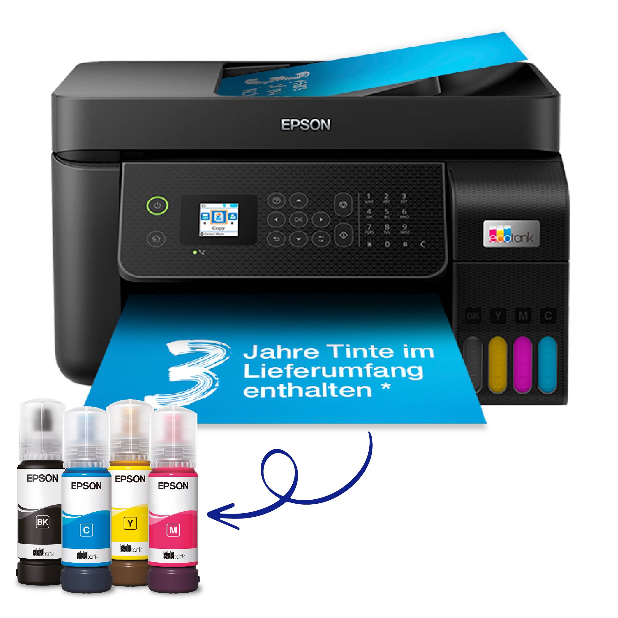 Tiskárna Epson vytiskne azurový papír s textem '3 roky inkoustu součástí dodávky'. Vedle jsou čtyři inkoustové lahvičky.
