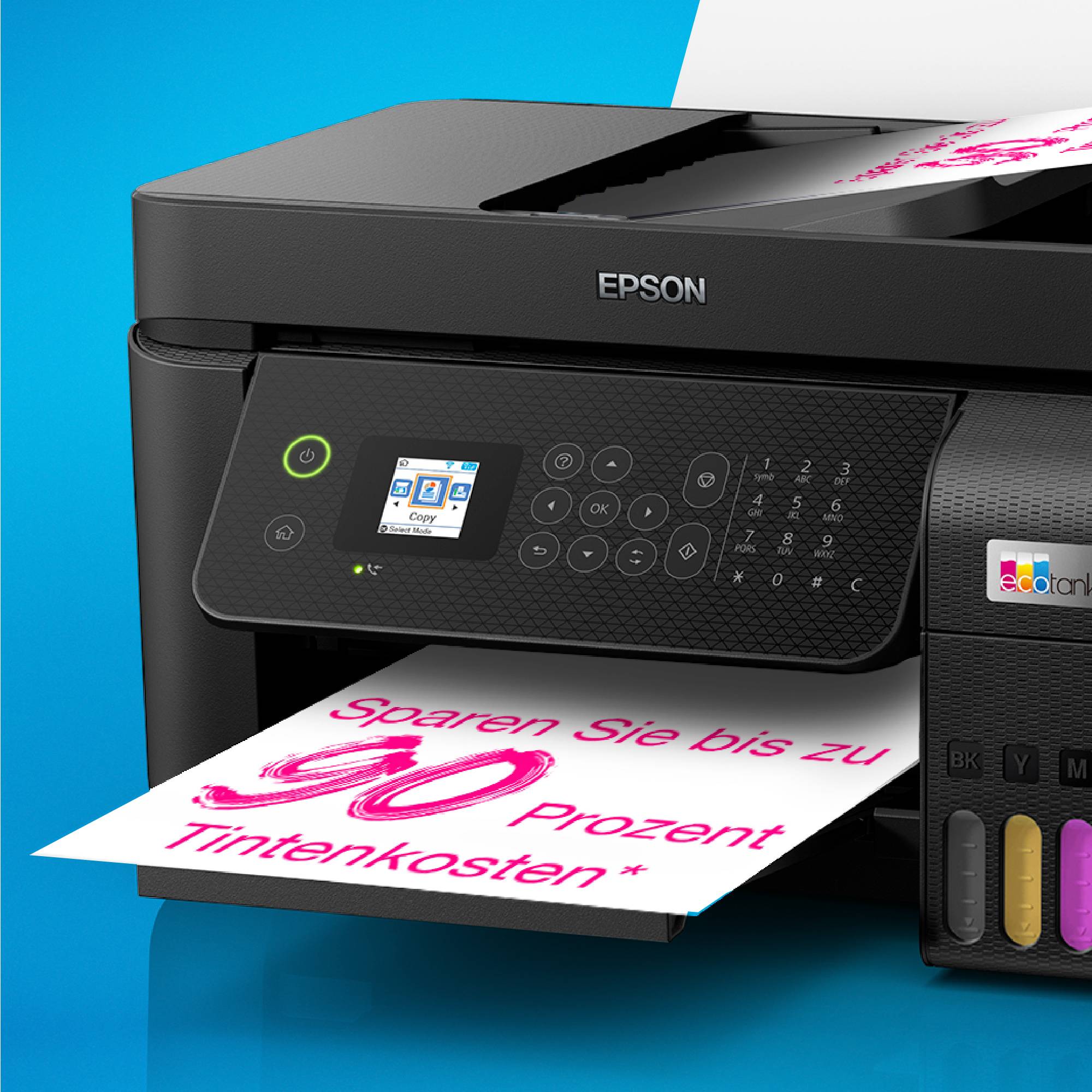 Tiskárna s inkoustovými nádržemi a text 'Ušetřete až 90 procent nákladů na inkoust'. Logo Epson viditelné. Probíhá tisk dokumentu.