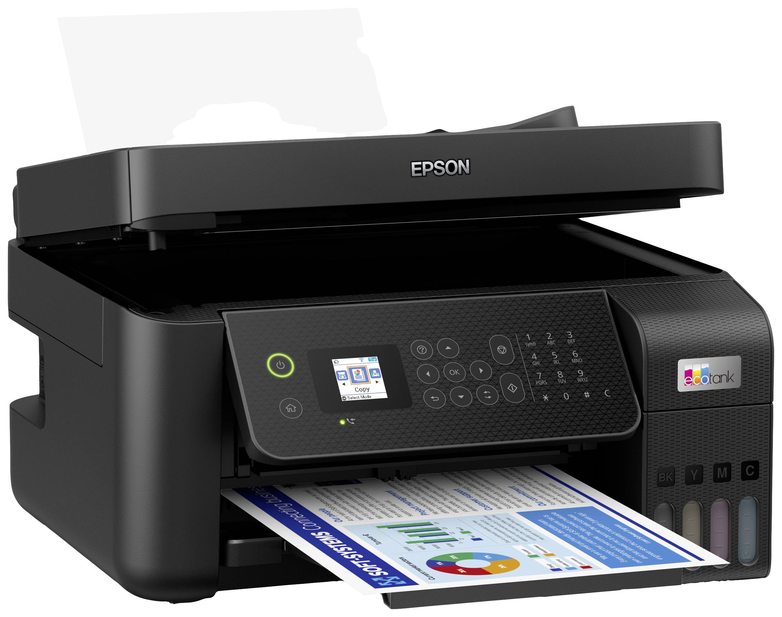 Černá multifunkční tiskárna Epson, která tiskne barevný dokument. Zařízení má malý displej a klávesnici.