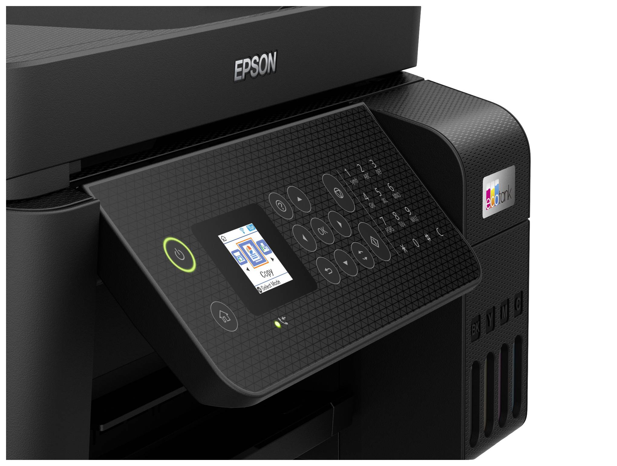 Tiskárna s displejem a klávesnicí, značka Epson, s indikátorem stavu inkoustu vpravo.