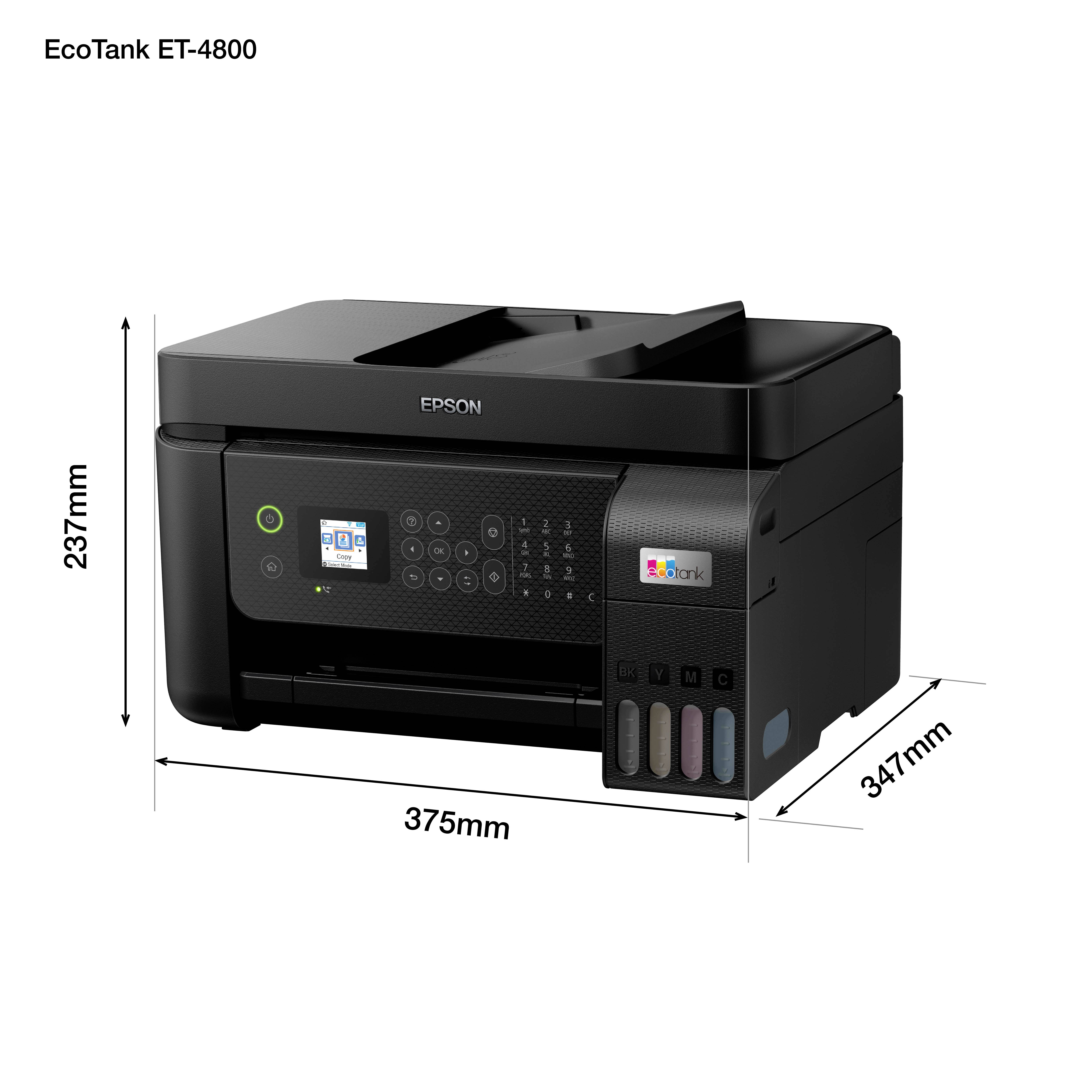 Tiskárna Epson EcoTank ET-4800 o rozměrech 375 mm šířky, 347 mm hloubky a 237 mm výšky. Černé barvy s displejem umístěným na přední straně.