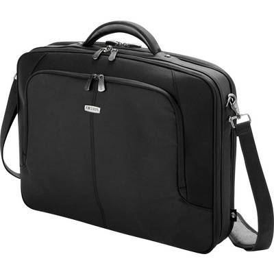 Černá aktovka s rukojetí a ramenním popruhem. Vhodná pro přepravu laptopů a dokumentů.