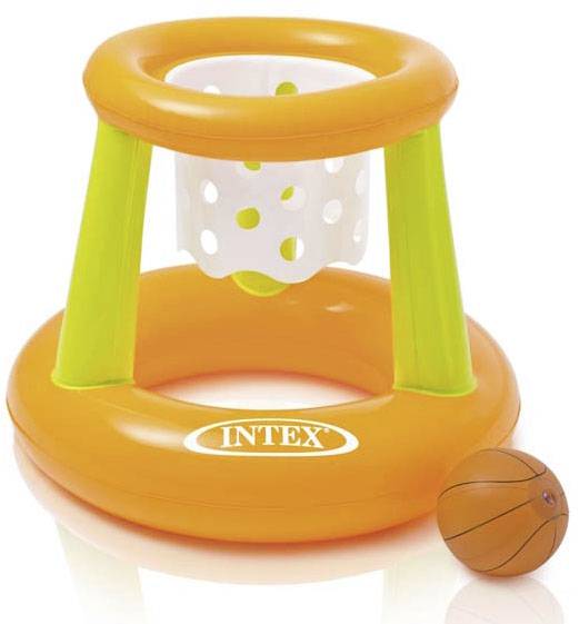 Nafukovací basketbalový set v oranžové a zelené barvě se sítí a míčem, vhodný pro použití v bazénu.