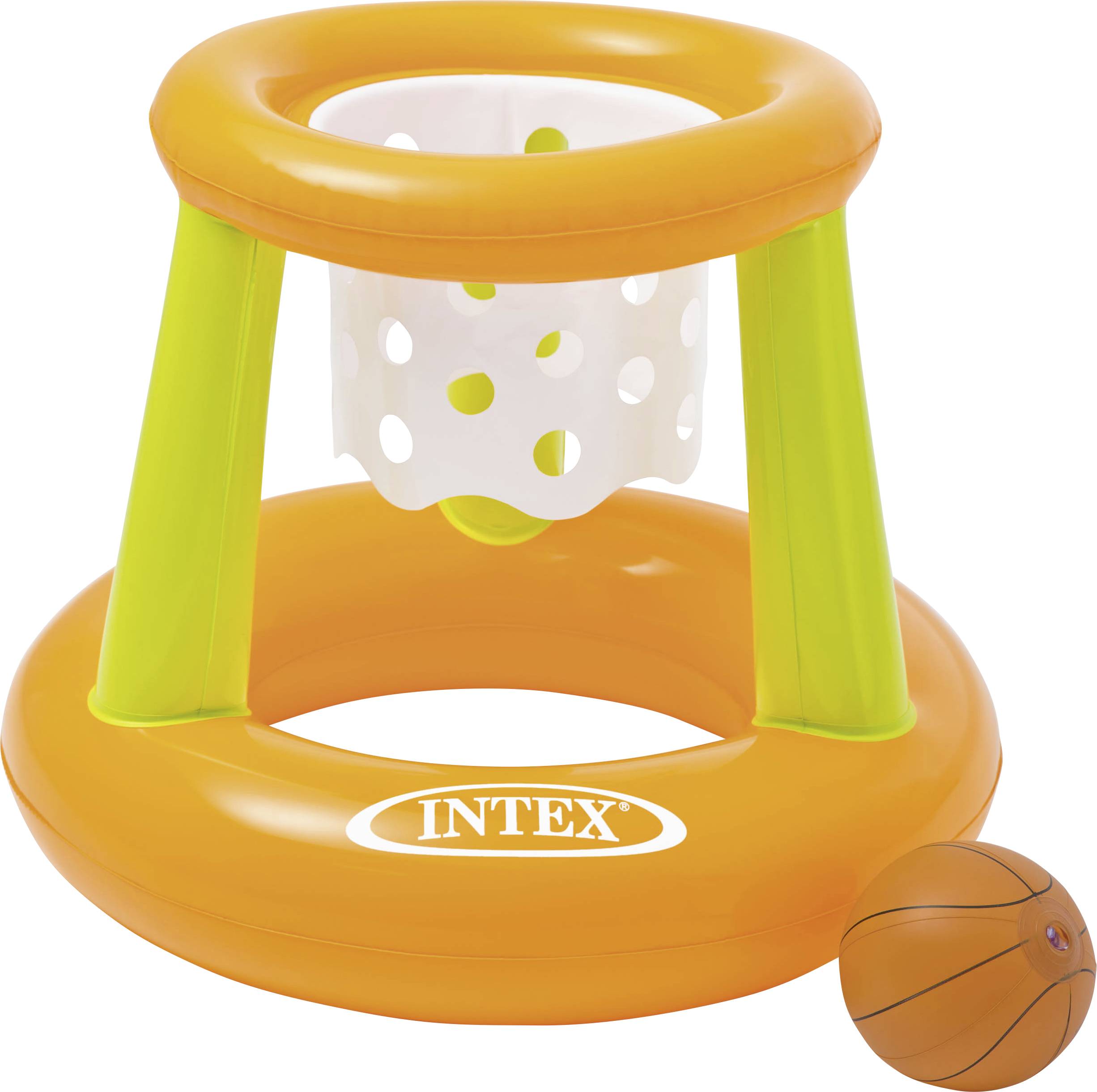 Nafukovací basketbalový koš v oranžové barvě se sítí; malý oranžový basketbalový míč. Logo značky 'Intex' vpředu na koši. Ideální pro děti.