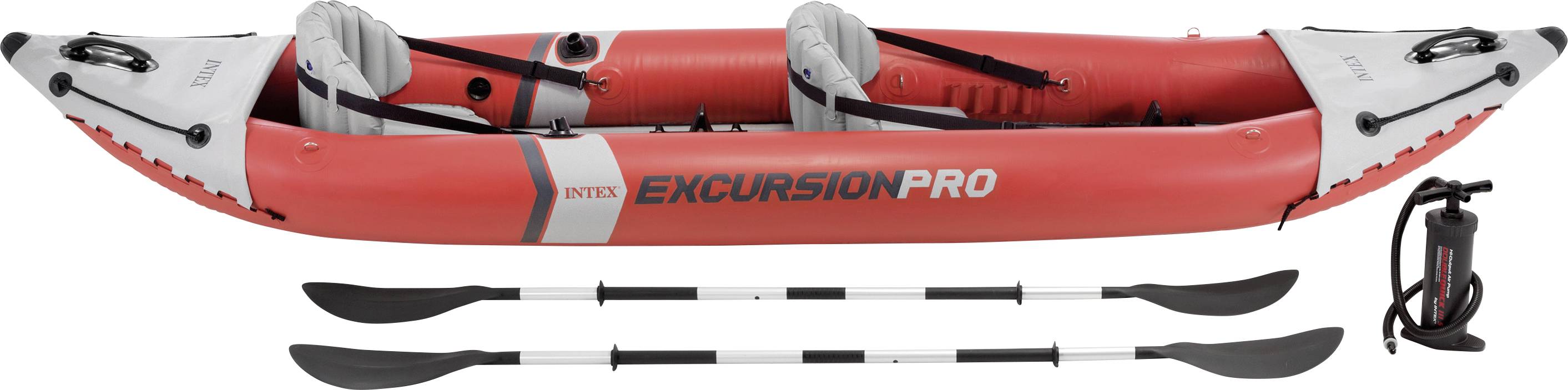 Nafukovací červený kajak Intex 'Excursion Pro' se dvěma sedadly, dvěma pádly a vzduchovou pumpou. Vhodný pro volnočasové aktivity na vodě.