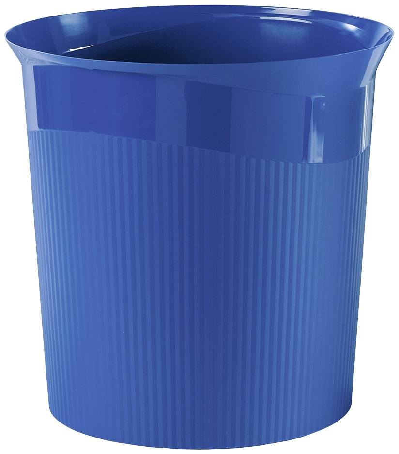 Modrý, vroubkovaný plastový kbelík s ohnutým okrajem.