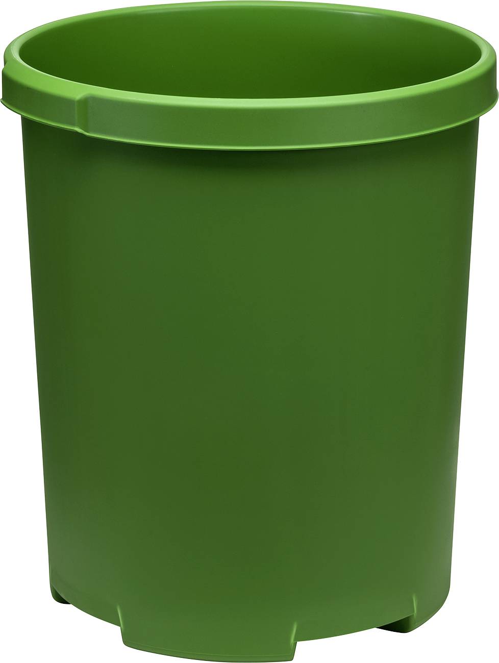 Zelený plastový odpadkový koš s kulatým designem, stojící.