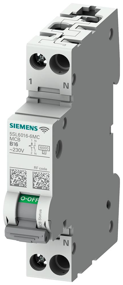 Šedý výkonový jistič Siemens (MCB) '5SL6016-6MC' se zeleným indikátorem 'O-OFF' je zde zobrazen. Vhodný pro 16A, 230V.