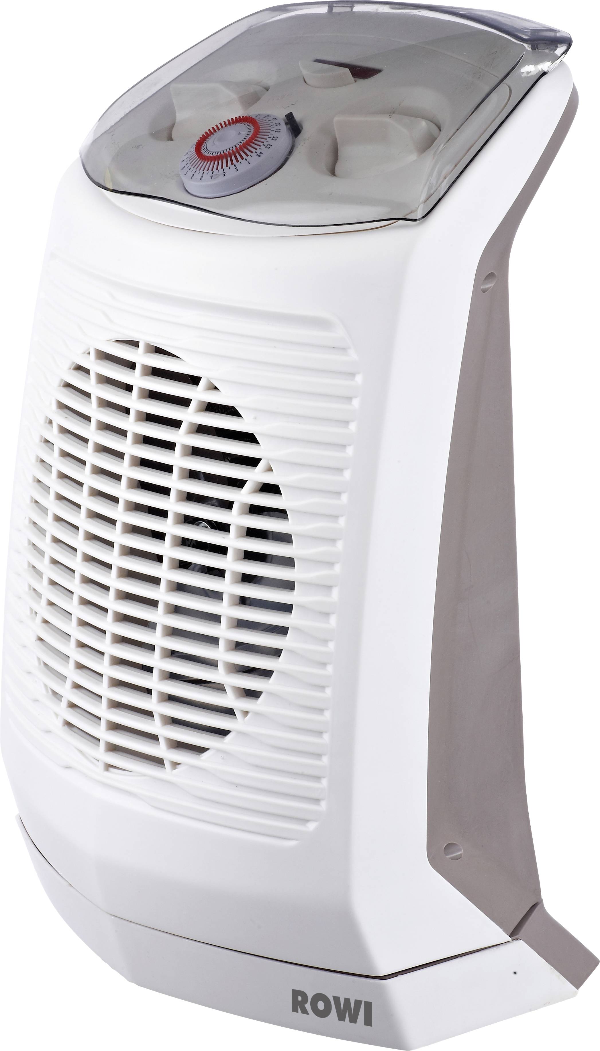 Elektrický topný ventilátor v bílé barvě s větracími mřížkami, nahoře umístěný otočný regulátor teploty, kompaktní a přenosný, značka 'Rowi'.