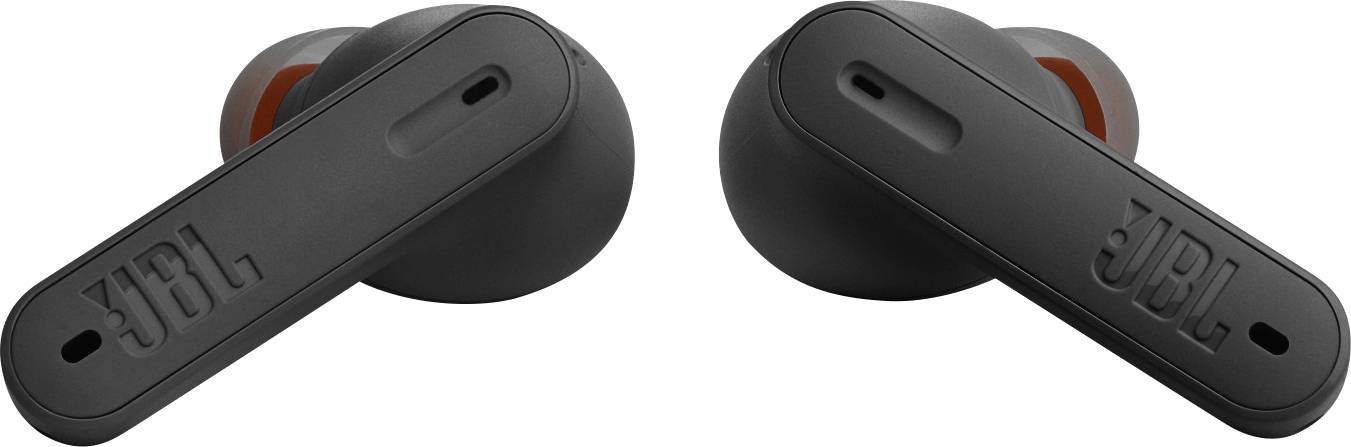 Bezdrátové černé in-ear sluchátka s logem 'JBL' na straně, ležící na bílém povrchu.