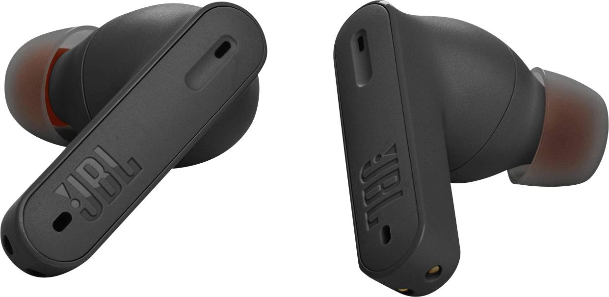 Černé bezdrátové in-ear sluchátka s červenými špunty do uší, pohled z boku.
