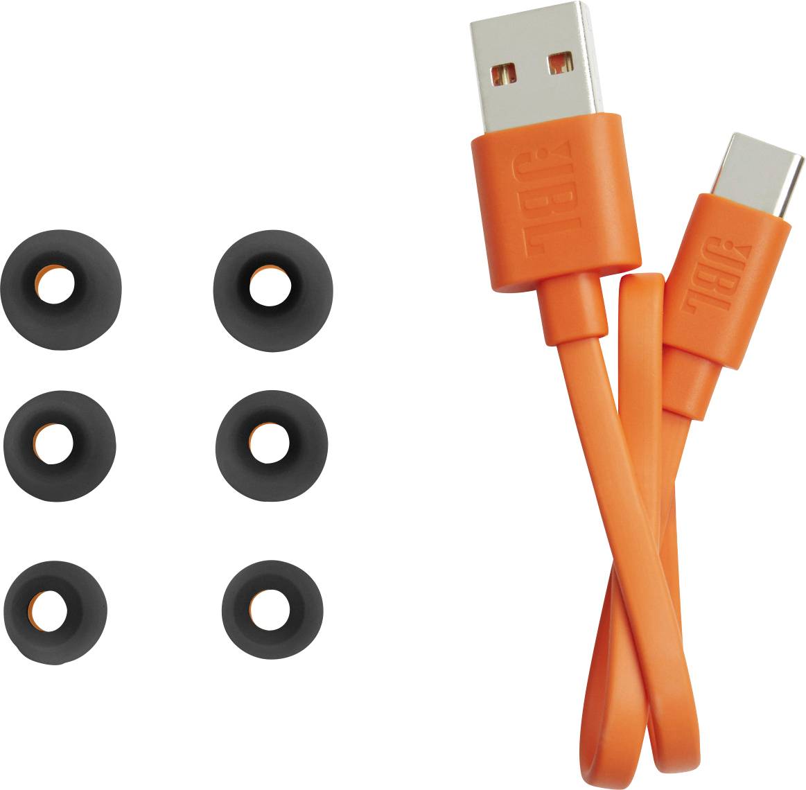 Oranžový USB kabel s konektorem USB-C, vedle něj šest černých kulatých kabelových svorek.