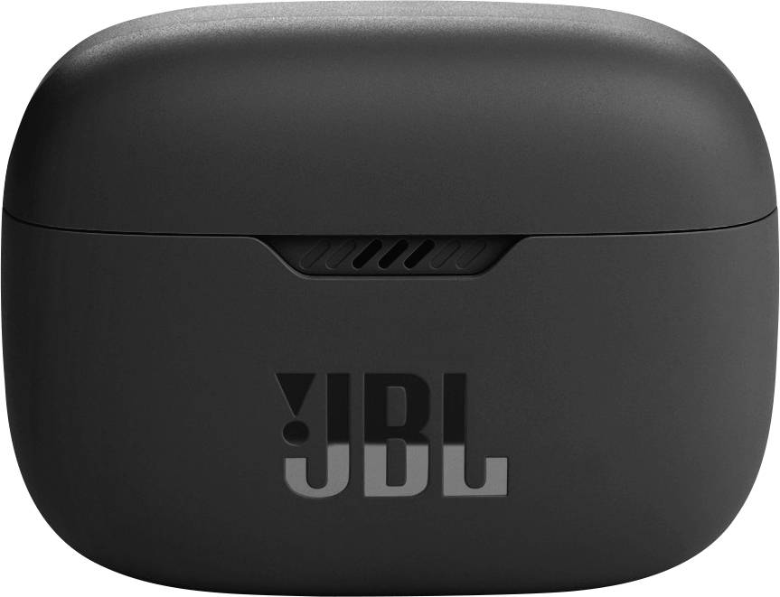 Černé pouzdro JBL pro bezdrátová sluchátka, uzavřené, s logem JBL uprostřed.