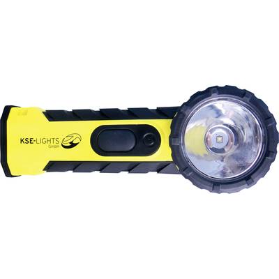 Žlutá svítilna s černou rukojetí a velkou čočkou, na straně viditelné firemní logo 'KSE-LIGHTS GmbH'.