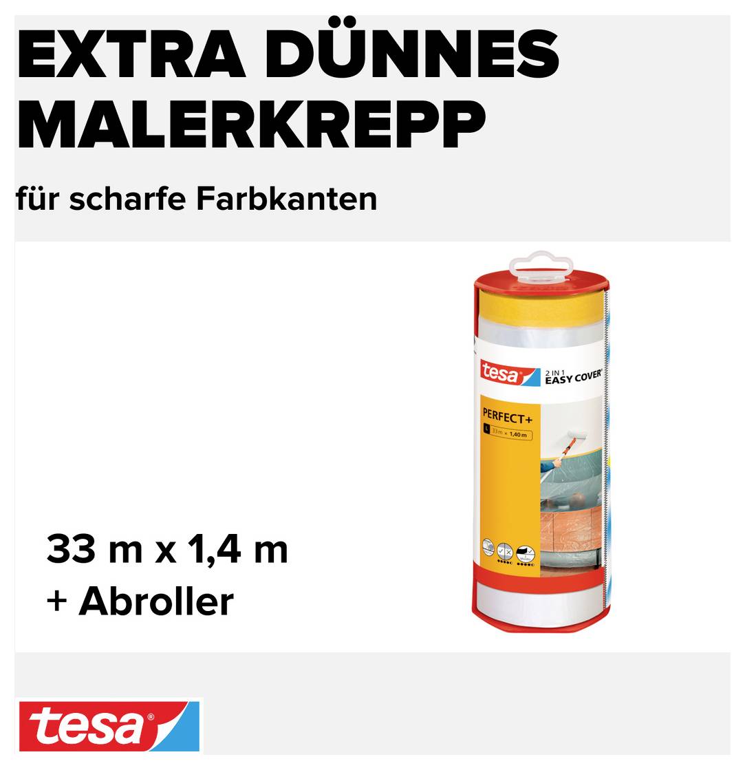 Mimořádně tenká malířská páska pro ostré barevné hrany.' Jedna role Tesa malířské pásky, 33 m x 1,4 m, zobrazená s odvíječem.