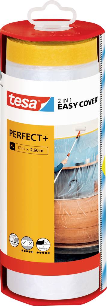 Tesa 2 v 1 Easy Cover Perfect+ XL<br>Rozměry: 17 m x 2,6 m<br>Ochranný papír s integrovanou lepicí páskou pro dokonalé lakýrnické práce<br>- Snadná manipulace<br>- Přesné krytí<br>- Vysoká přilnavost<br>- Extra velký rozměr