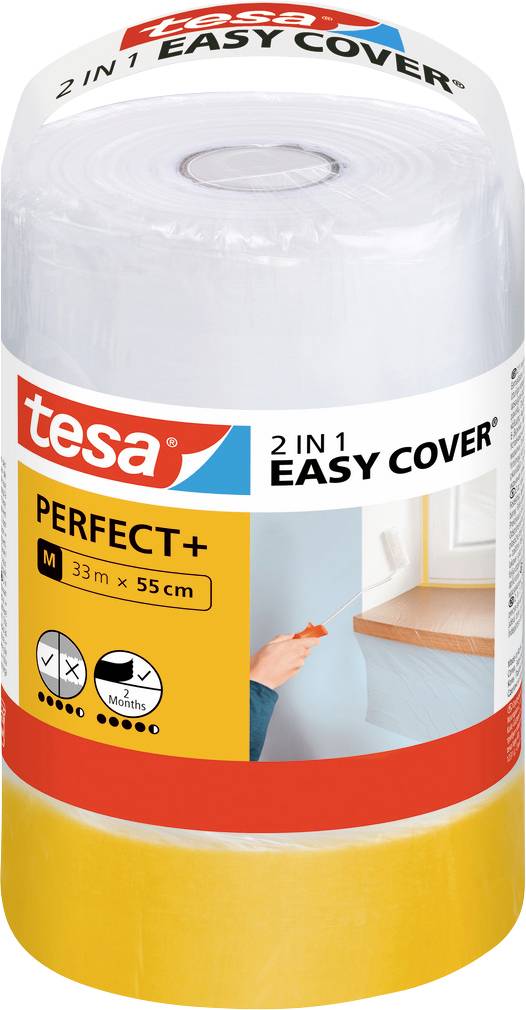 Role pásky Tesa 2 v 1 Easy Cover Perfect+ pro maskování a ochranu. Zobrazuje rozměry produktu: 33m x 55cm, střední velikost.